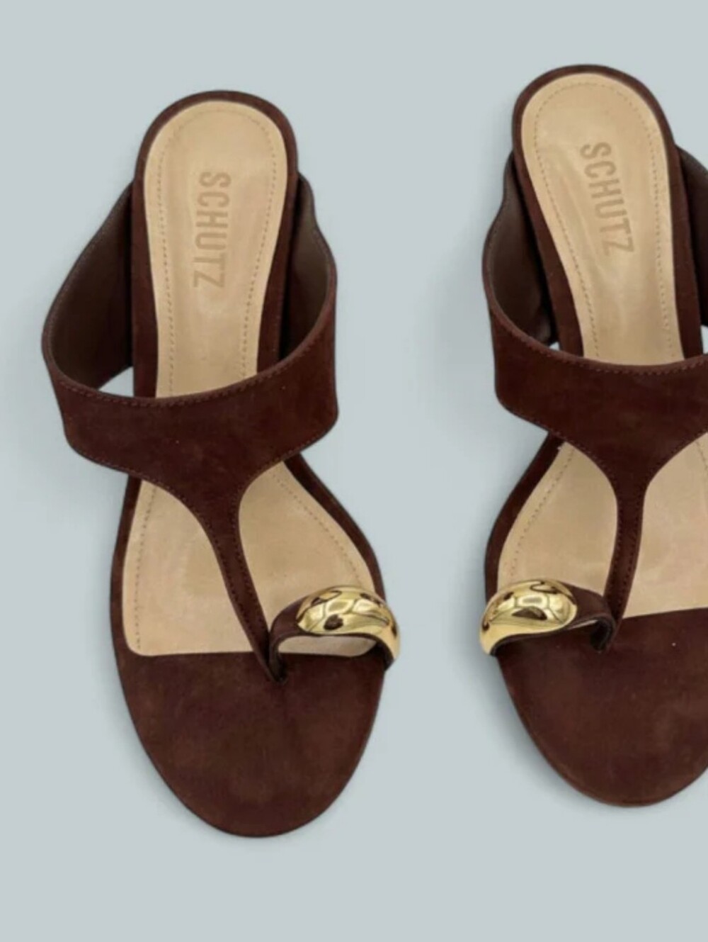 SCHUTZ Brown Suede Toe-Ring Sandal with Gold Hardware Size 8B Chestnut Brown
